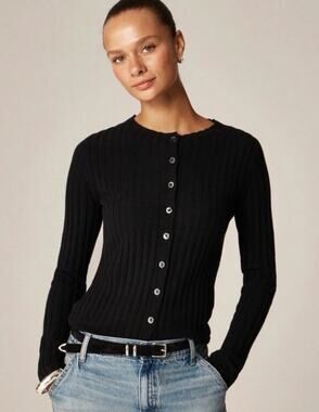 J.Crew Wide Rib 100% Cashmere Cardigan Sweater CO325 in Black Size M NWT $178